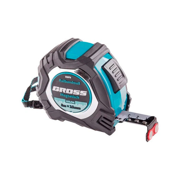 Рулетка Magnetic 8м х 25мм, обрезиненный корпус автоматическая фиксация, нейлон, покр. магнитный зацеп, Gross