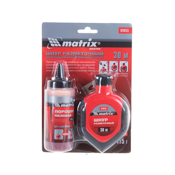 Шнур разметочный в пласстмассовом обрезиненном корпусе + порошок красный, MATRIX
