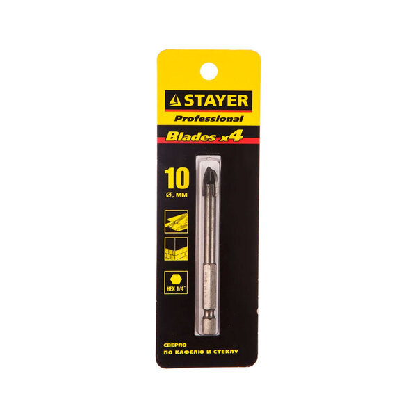 Сверло 10 мм по кафелю, стеклу, с четырьмя режущими лезвиями, шестигранный хвостовик, STAYER