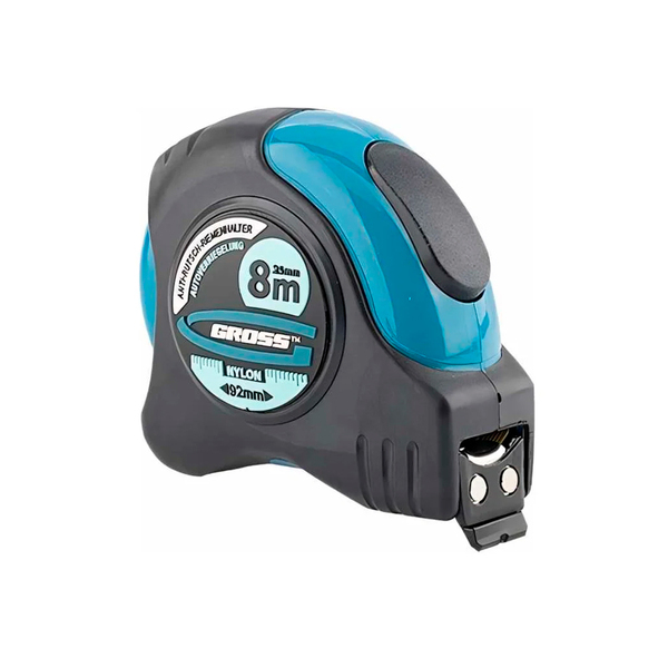 Рулетка "Schlagfest", 8м х 25мм, магн. обрез зацеп, двухст. шкала, нейлон покр. автоматич., GROSS