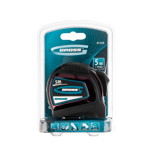 Рулетка "Doppelhaken", 5м х 19мм, двухст. зацеп, двуст. шкала автоматич, GROSS