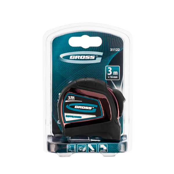 Рулетка "Doppelhaken", 3м x 16мм, односторонний зацеп, нейлон, двуст. шкала, автоматич, Gross