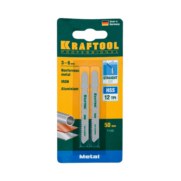 Полотна KRAFTOOL, T118В, для эл/лобзика, HSS. по металлу (1,5-5мм), ЕU хвост., шаг 2мм, 50 мм, 2 шт.