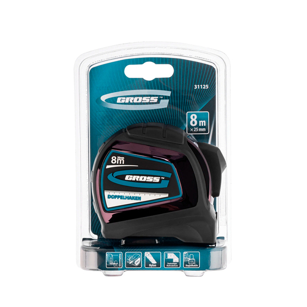 Рулетка "Doppelhaken", 8м х 25мм, двухст. зацеп, двуст. шкала автоматич., GROSS