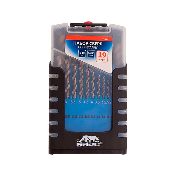 Набор сверл по металлу, 1-10 мм (через 0,5 мм), 19 шт., Р6М5, прокат, цилиндр. хвост., бокс, Барс