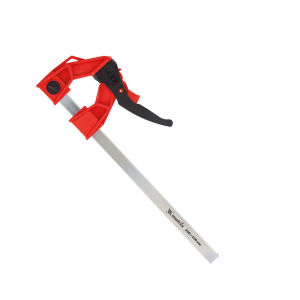 Струбцина реечная быстрозаж., усил., пл. корпус, рыч. храп. мех., 300х100х456 мм, штанга 5х22мм, Matrix