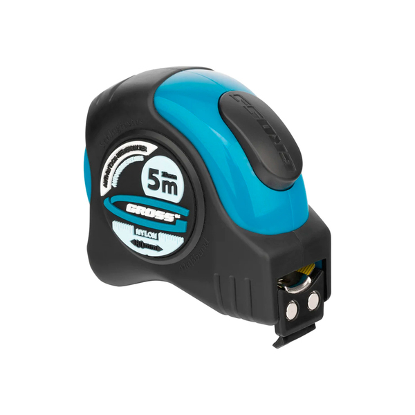 Рулетка "Schlagfest", 5м х 25мм, магн. обрез зацеп, двухст. шкала, нейлон покр. автоматич., GROSS