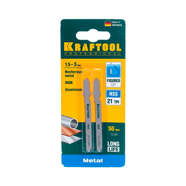 Полотна KRAFTOOL, T218А, для эл/лобзика,HSS по металлу, фигурный рез, ЕU хвост., шаг 1,2мм, 50 мм, 2 шт.