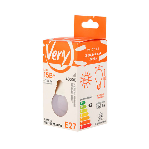 Лампа светодиодная груша А60, 15 Вт, 4000К, Е27