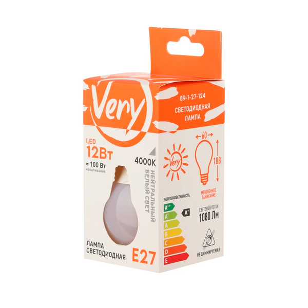 Лампа светодиодная груша А60, 12 Вт, 4000К, Е27