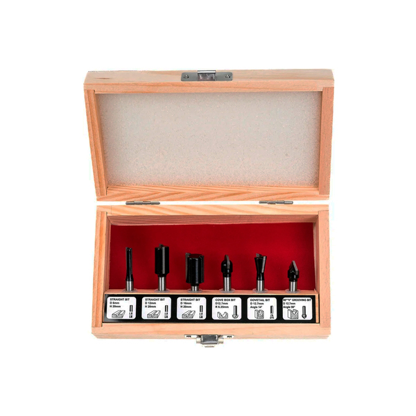 Фрезы по дереву кромочные, набор 6шт, деревянный бокс, хвостовик 6 мм FIT