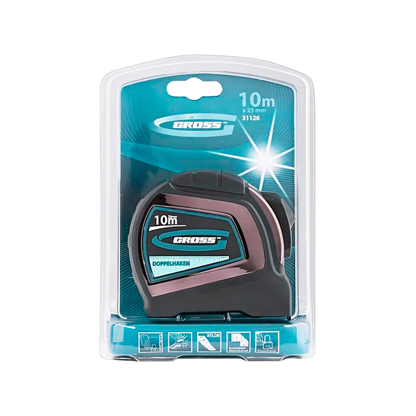Рулетка "Doppelhaken", 10м х 25мм, двухсторонний зацеп, нейлон, двуст. шкала, автоматич., Gross
