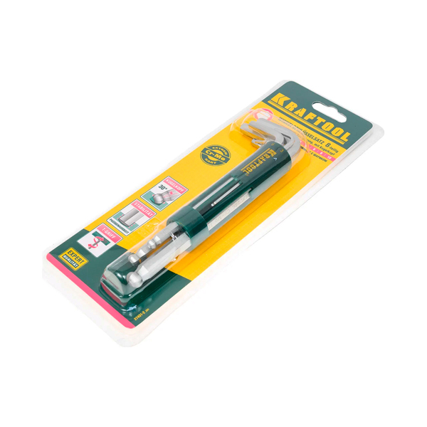 Набор KRAFTOOL Ключи  имбусовые длинные с шариком, Cr-Mo сталь, держатель-рукоятка,HEX 2-10 мм, 8пред